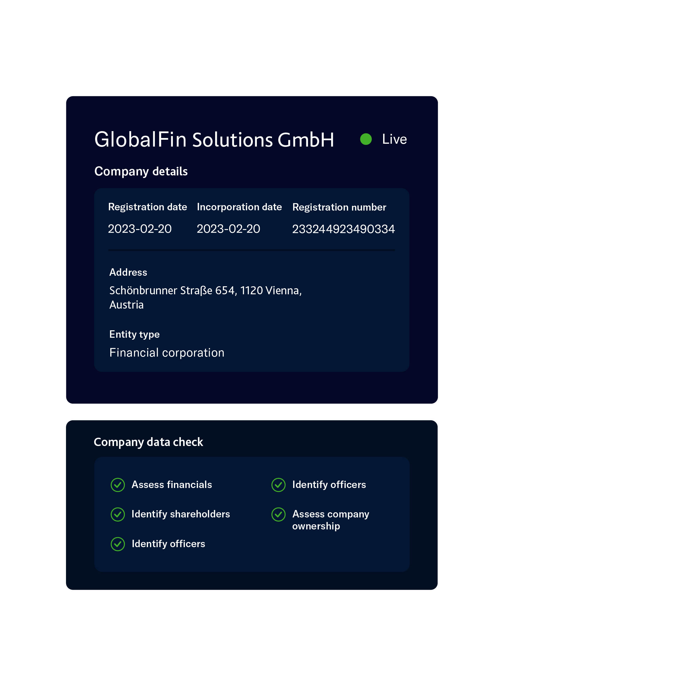 Interface showing details of a company verification in front of the underlying integration code.