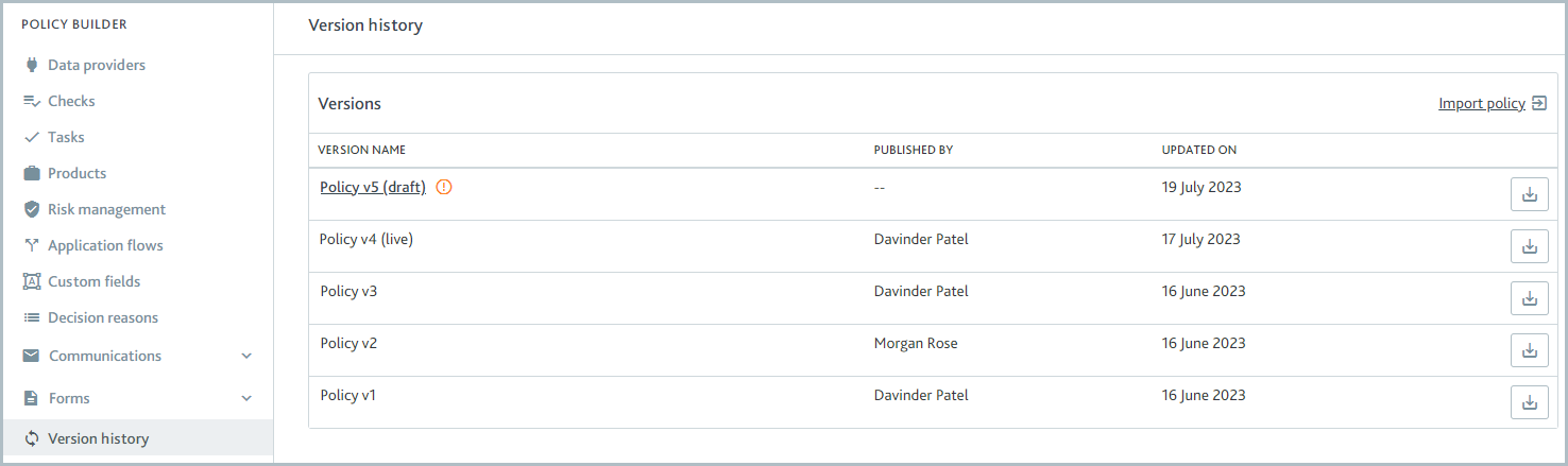Version history page showing an unpublished draft policy.