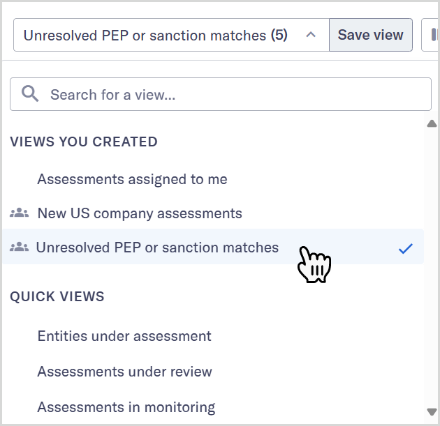 Views dropdown showing the Unresolved PEP or sanction matches view under Views you created.