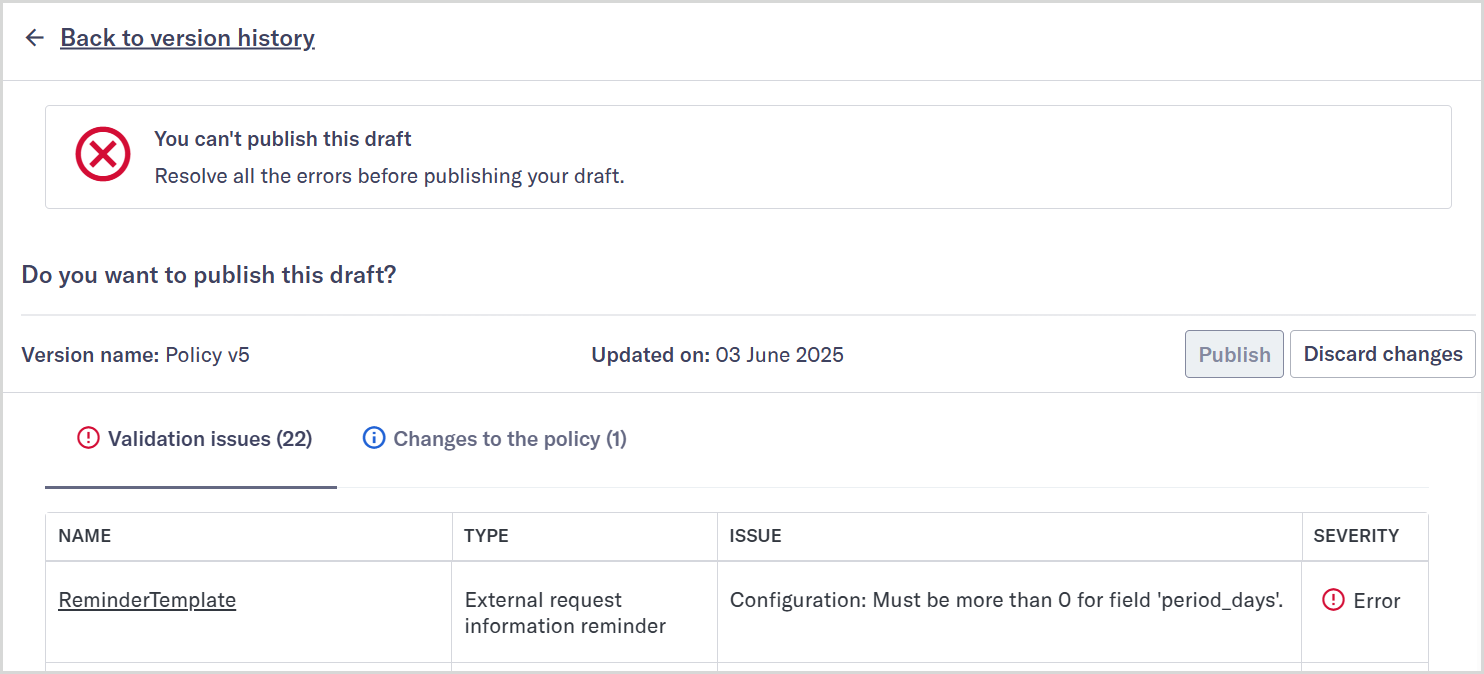 Draft policy version validation page