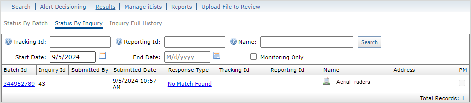 Screenshot of "status by inquiry" showing 'No Match Found' because the inquiry matched an entry that is not an alertable/unresticted iList.