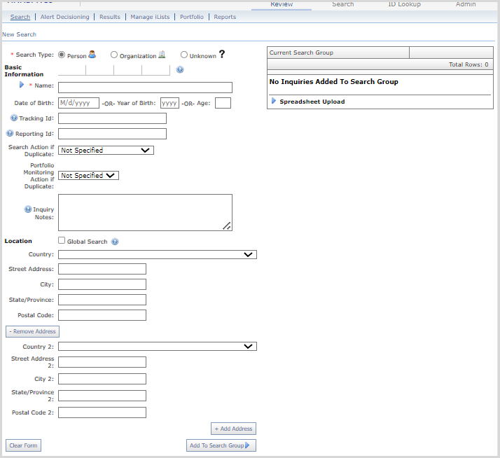 Grid Review Search Screen