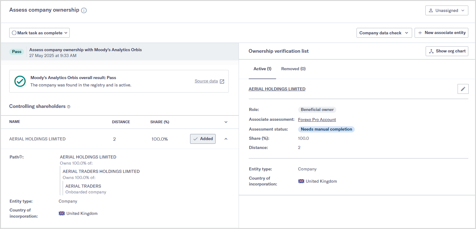 Assess company ownership task showing the path to the onboarding company from its controlling shareholder.