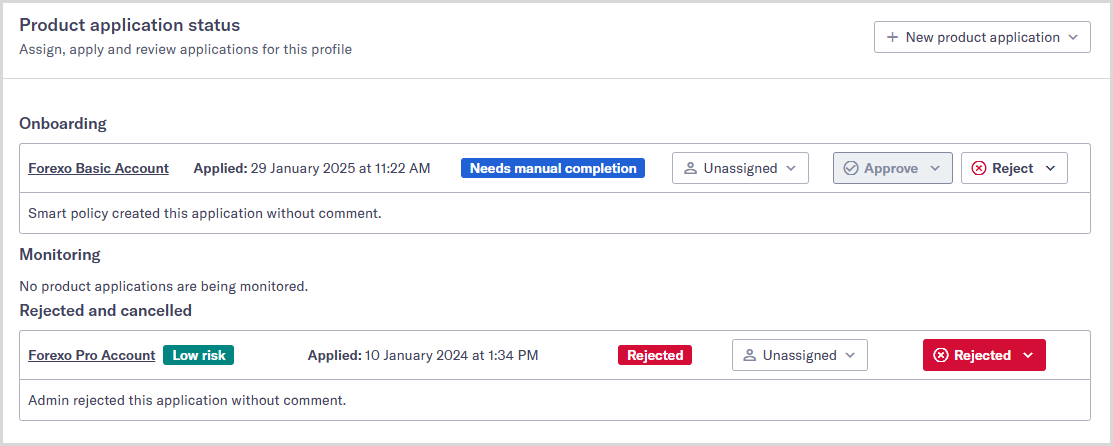 Product application status page showing one application in the Onboarding section and one application in Rejected and canceled