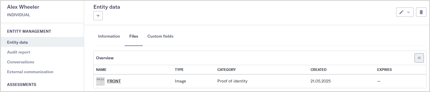 Entity data Files tab showing one uploaded document.
