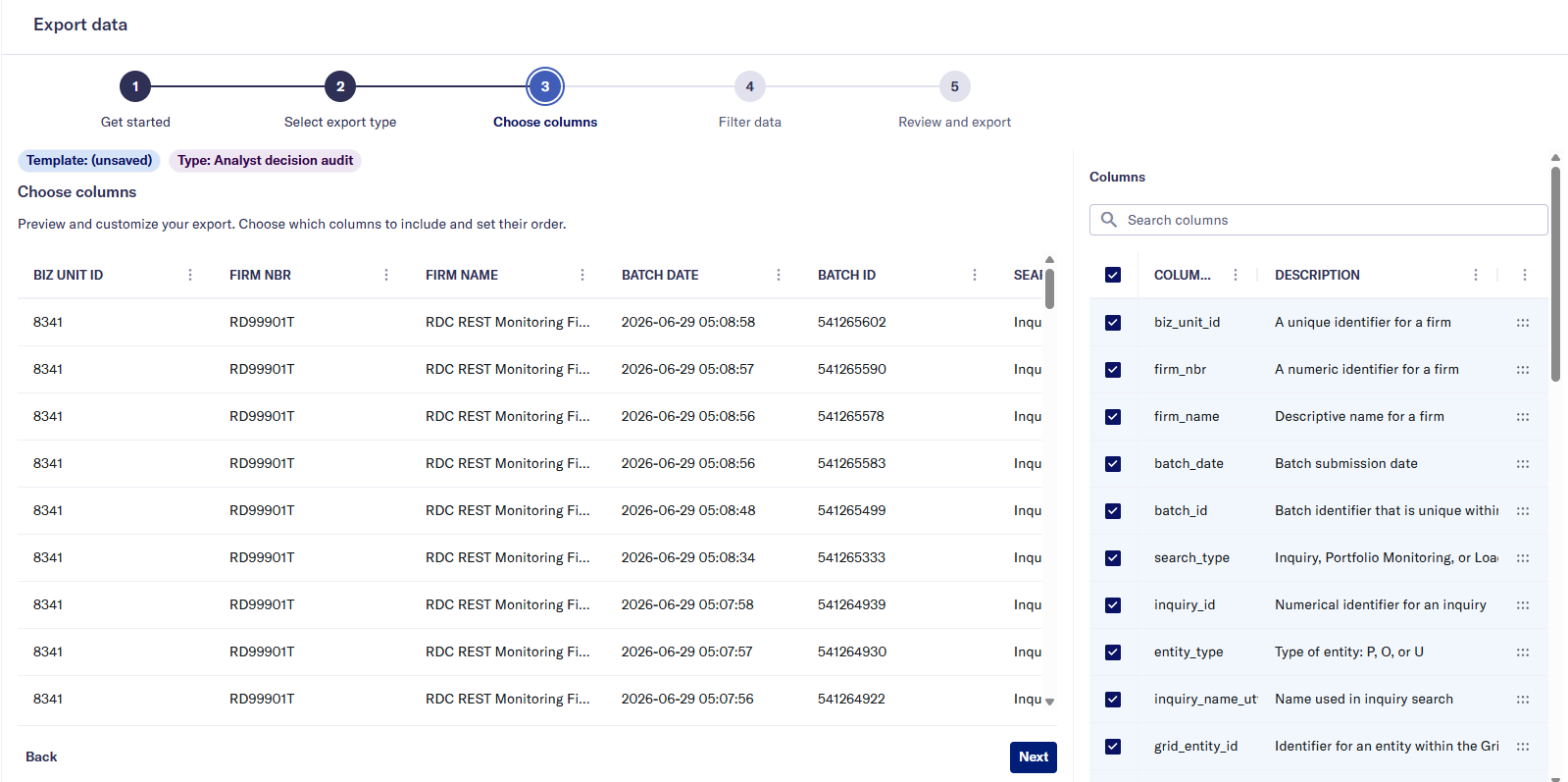 Grid_Reporting_Column_Select.png A screen for the second export step, showing a data table and highlighting a Columns button.