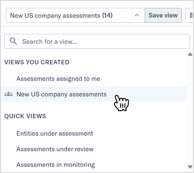 Views dropdown showing the New US company assessments view under Views you created.