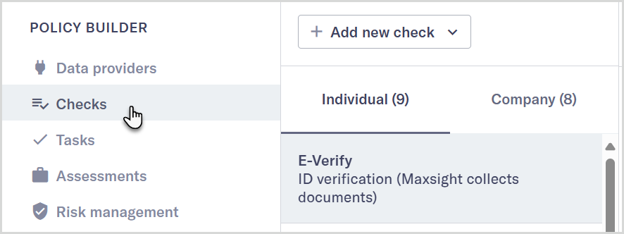 Checks menu option in the Policy Builder.