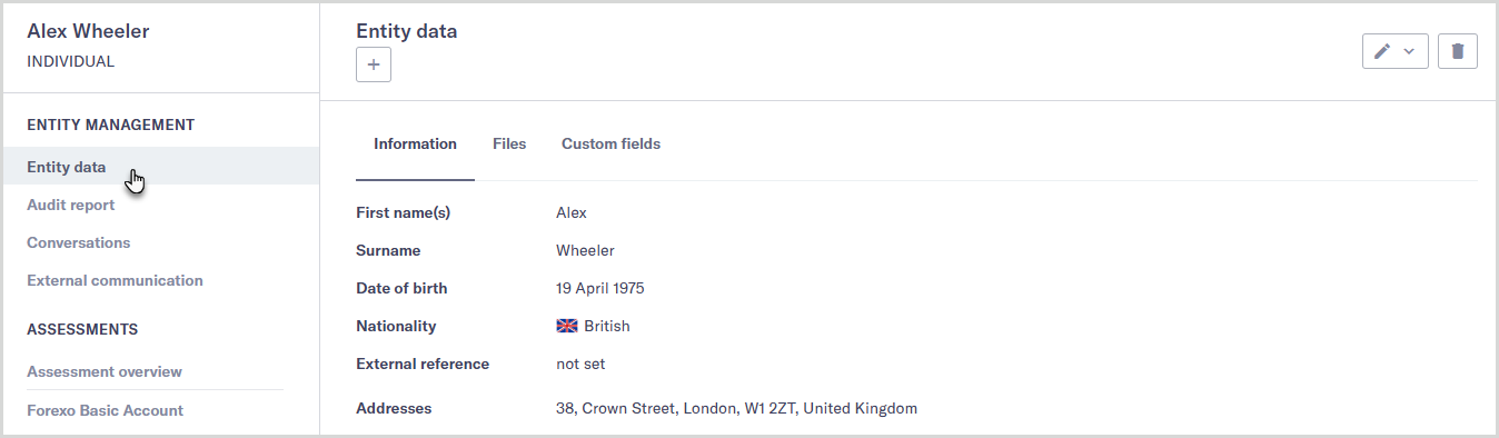Individual entity open on the Entity data page.