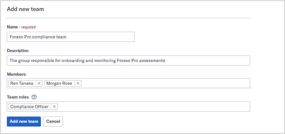 Add a new team form with details completed.