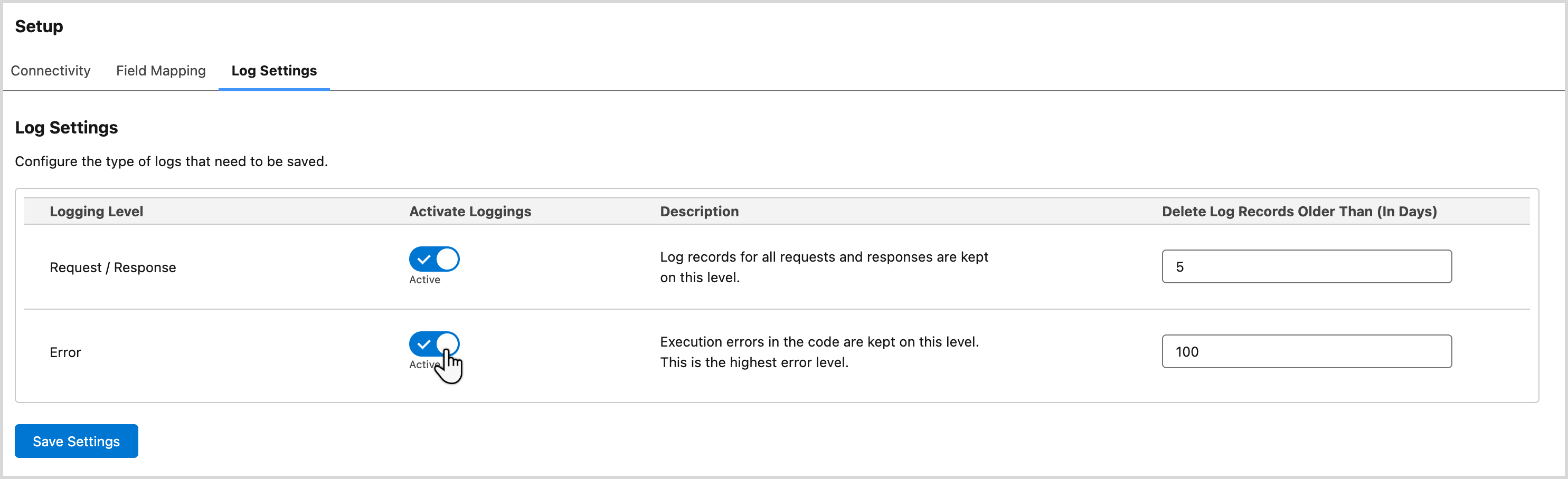 Toggle your log settings to Active in Salesforce.