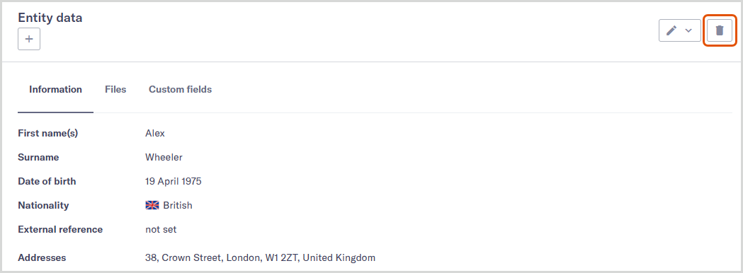 Individual entity highlighting the delete entity button.