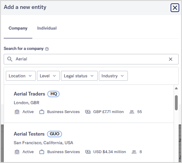 Add a new entity dialog displaying Orbis search results for a company.