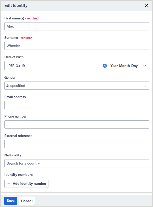 The Edit identity dialog for an individual