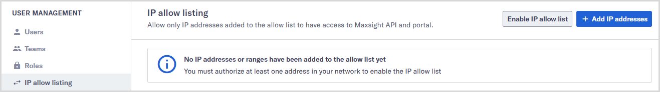 IP allow listing tab with no IP addresses listed.