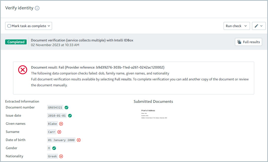 Document verification (service collects multiple) check result is completed while document result is failed