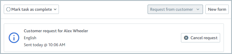 Banner message showing a customer request form has been sent.
