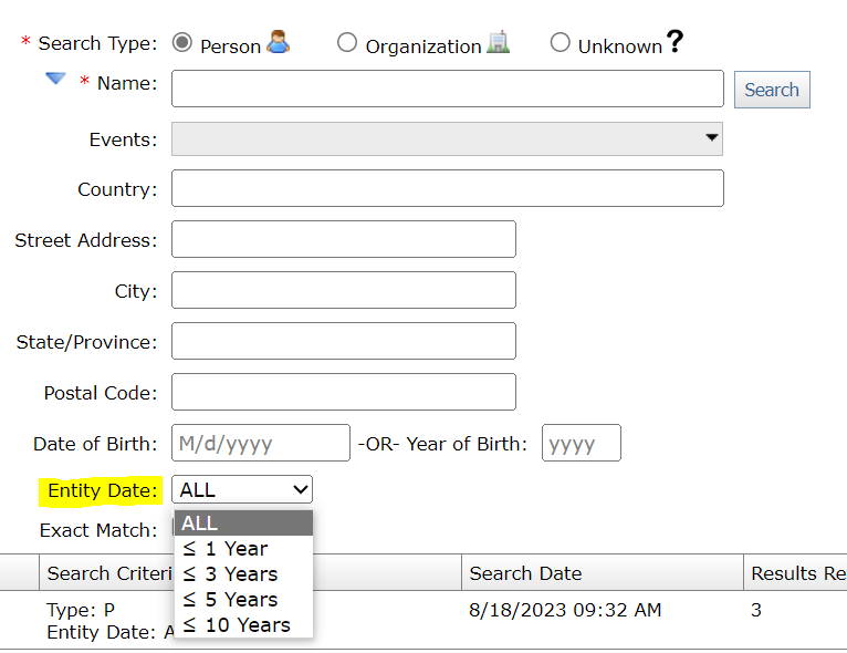 Entity date drop-down