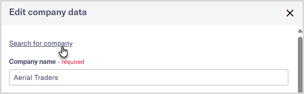 Section of the Edit company data dialog with cursor hovering over the Search for company option.