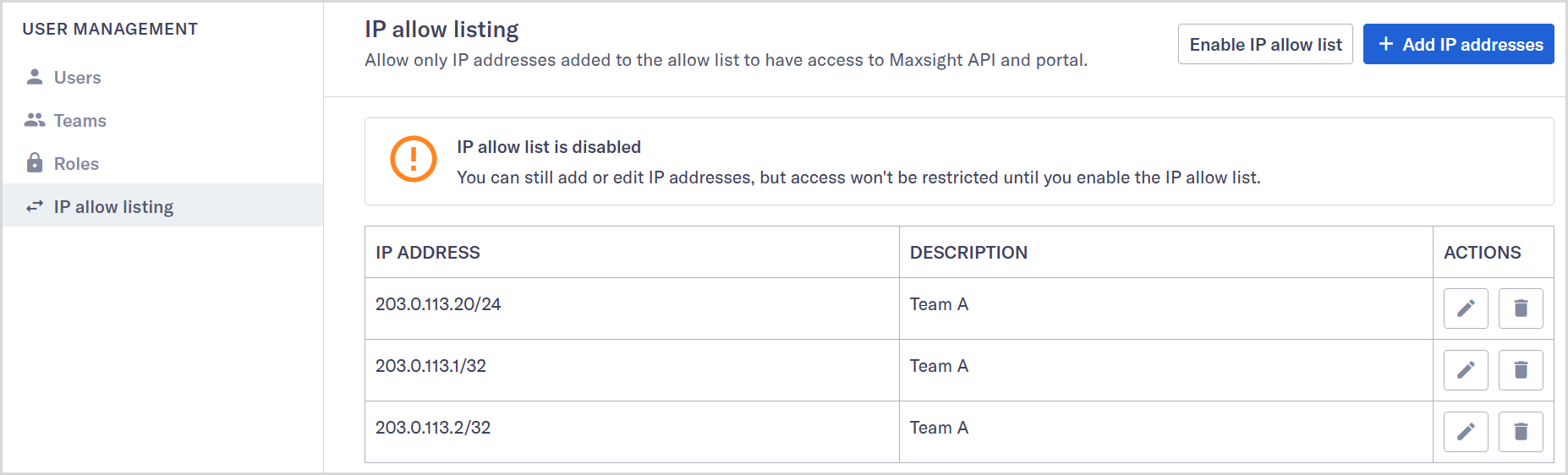 IP allow listing page showing notification that the list is disabled.