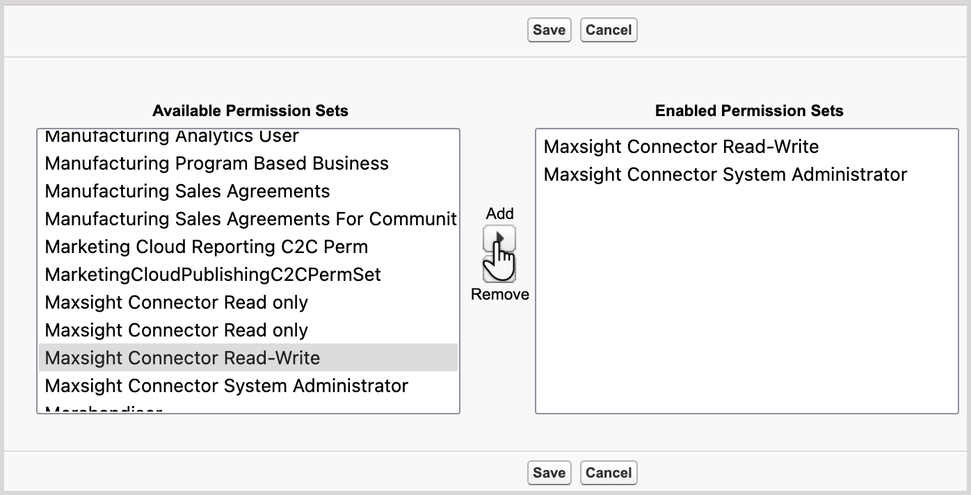 Selecting Maxsight permissions in Salesforce.