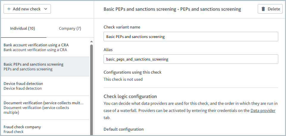 Details of an individual check.