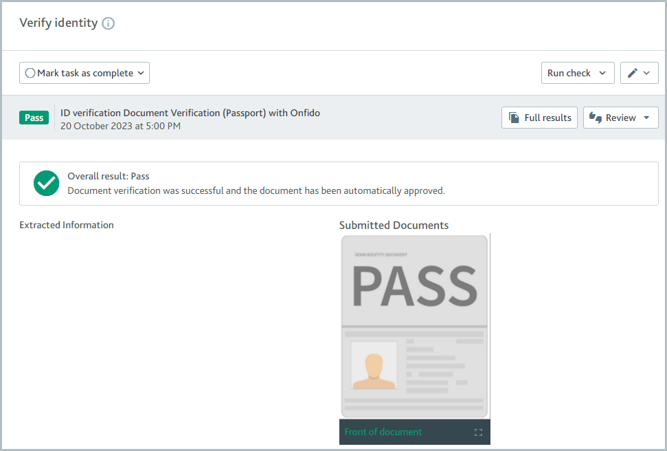 Verify identity task showing document verification check pass.