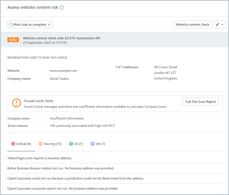 Assess website content risk task showing results from the website content check.