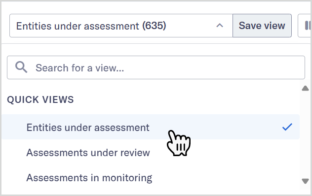Views dropdown showing Entities under assessment option.