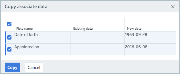 Copy associate data dialog.