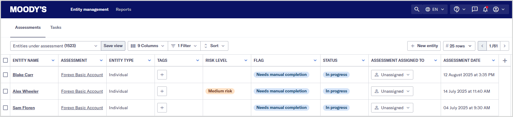 The main entity management page, open on an Assessment view.