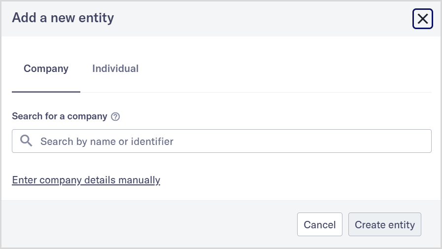 Add a new entity dialog showing the Company search option when Orbis company search is enabled.