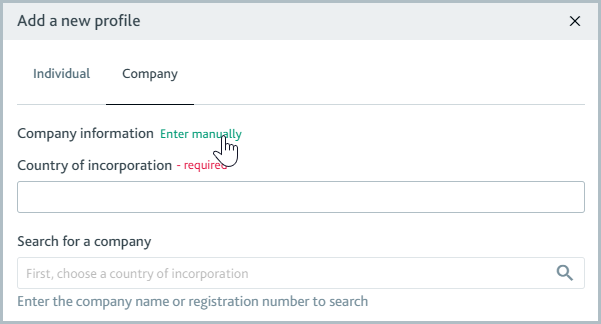 Section of the Add a new company profile dialog with mouse hovering over the Enter manually link.