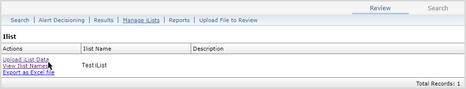 The Manage iList screen in Grid, showing a cursor selecting the 'Upload iList Data' option