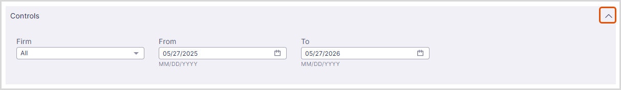 A menu for dashboards that provides data filters. The arrow to open and close the filter menu is highlighted.