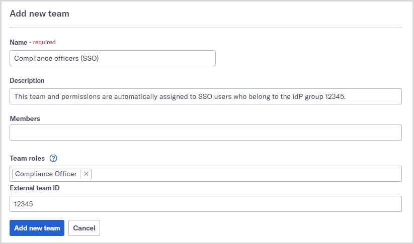 Add new team form with SSO enabled, including the External team ID field.