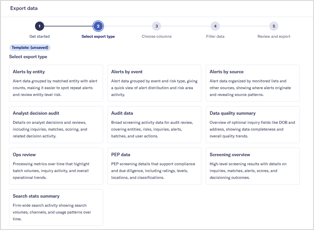 Grid_Reporting_Choose_Export.png A screen for the first export step, showing an array of tiles with export names and descriptions on them.