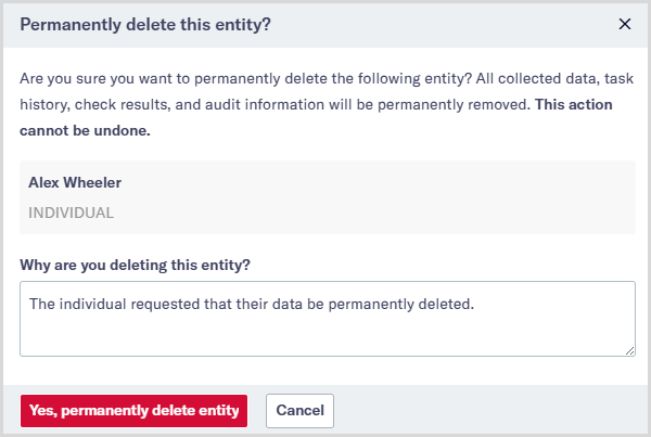 Permanently delete this entity confirmation dialog