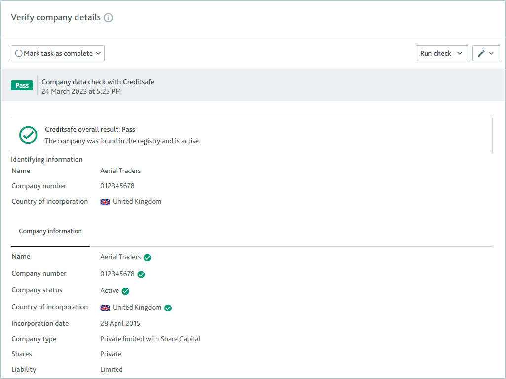 Verify company details task with a company data check