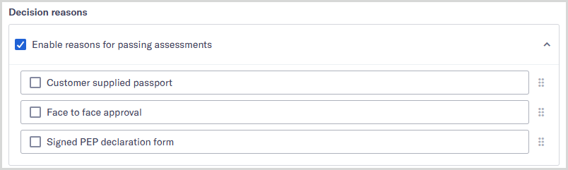 Decision reasons section on the Assessments configuration page in the Policy Builder