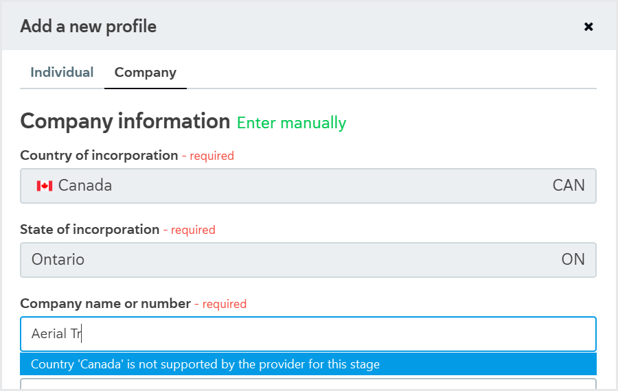 Add a new profile dialog, company name error