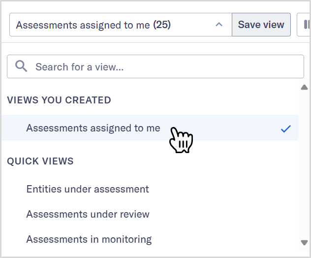 Views dropdown showing the Assessments assigned to me view under Views you created.