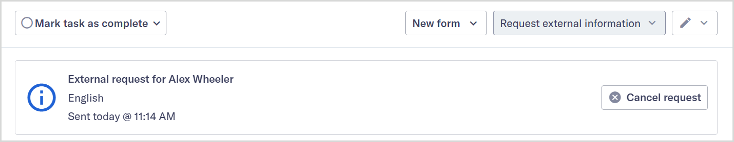 Banner message showing an external information request form has been sent.