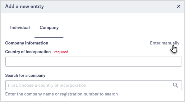 Section of the Add a new company entity dialog with mouse hovering over the Enter manually link.