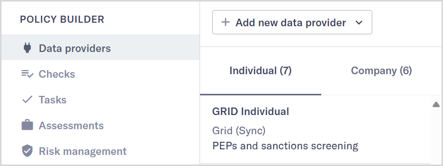 Data providers menu option in the Policy Builder.
