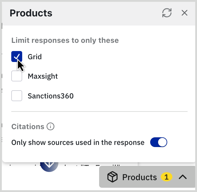 Products menu in the AI Documentation Navigator Use the Product menu to further define your chat results. Select the Products menu to see results only about a specific product.