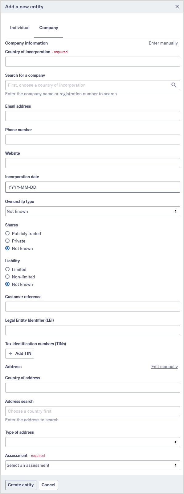 Add a new entity dialog open on the Company tab.