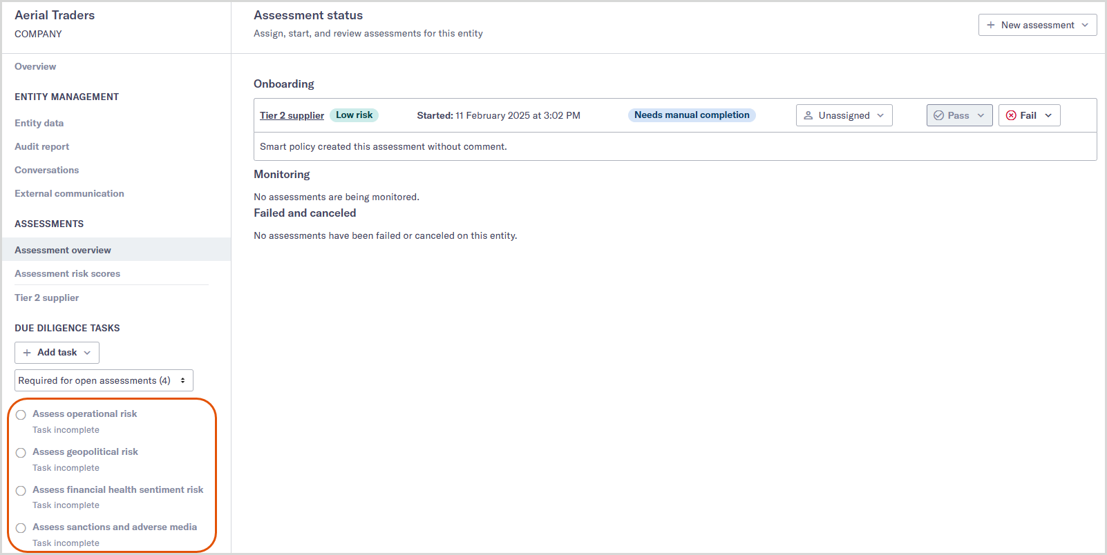 The Entity data page with a box highlighting the due diligence task list.