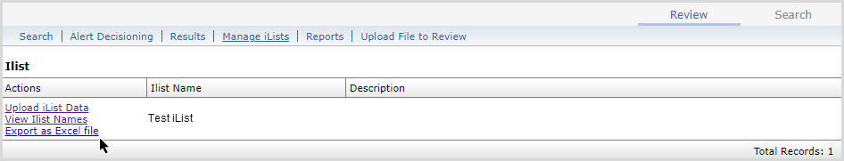 The Manage iList screen in Grid with a cursor selecting the 'Export as an Excel file'