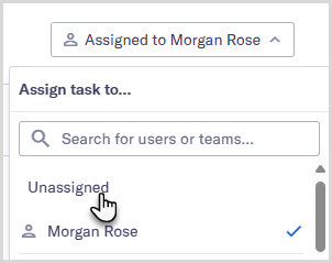 Task assignment dropdown with mouse hovering over the Unassigned menu option.